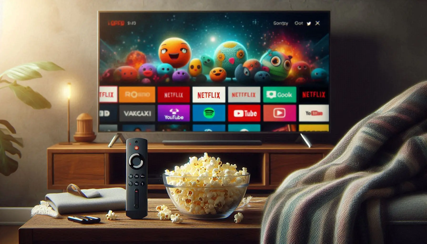 Fire Stick remote with GreatIPTVSub app open, displaying live sports and movies.