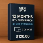 12 Months IPTV Subscription with 15,000+ Live Channels & 100,000+ VOD for 3 Devices in 4K UHD