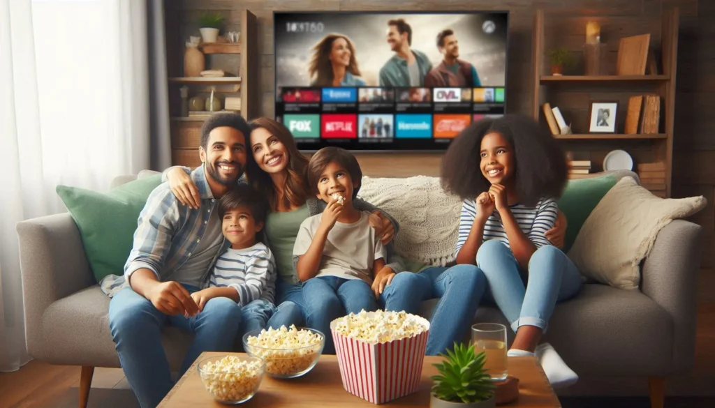 A collage of South Indian IPTV channel logos from Sun TV, Asianet, Gemini TV, and Udaya TV on a smart TV screen watched by a family in the USA.